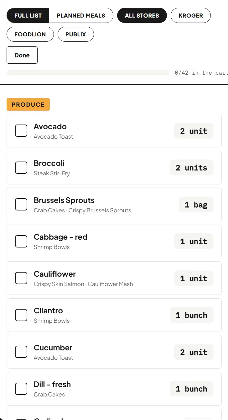 The Shopping list in Let's Plan Dinner grouped by aisle with quantities combined