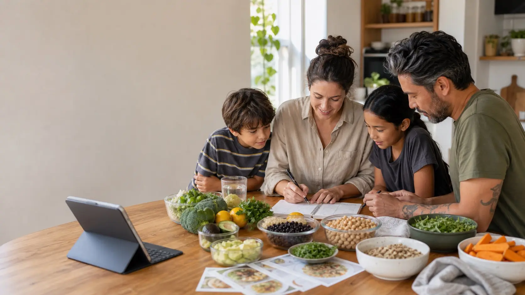 A family planning meals together at a kitchen table with fresh ingredients and a tablet