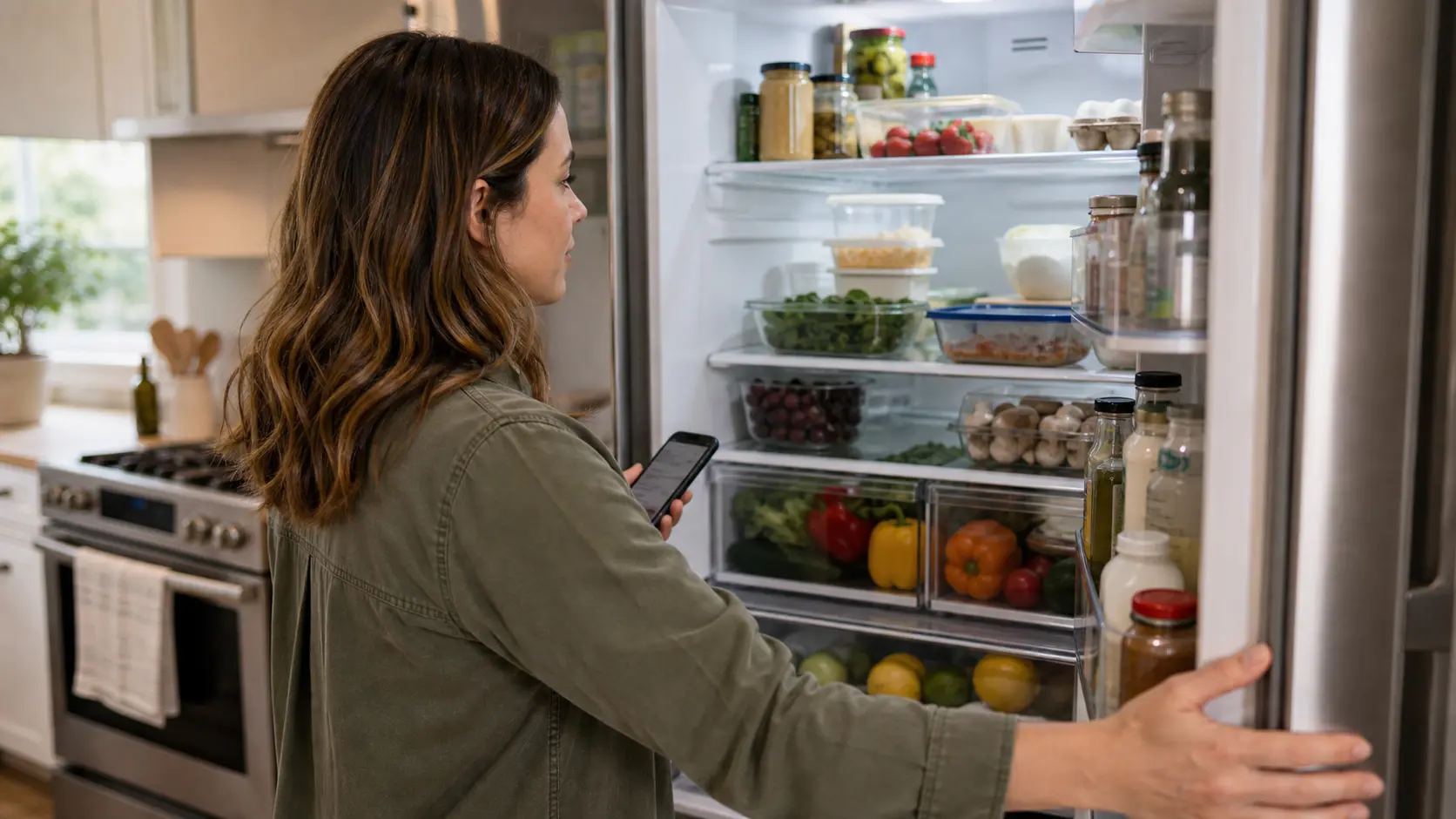 A woman checking her phone while looking inside her refrigerator before planning the week