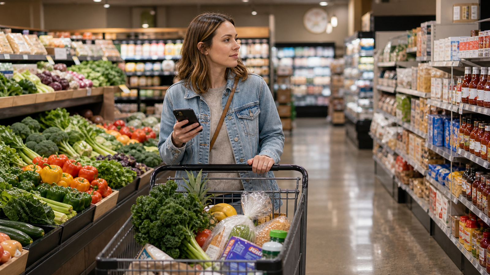 A shopper using a phone list while pushing a grocery cart through a food store